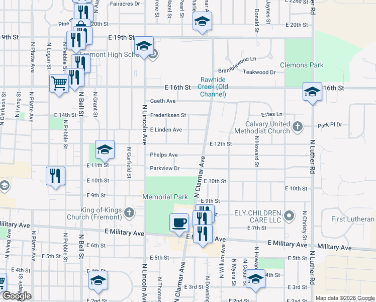 map of restaurants, bars, coffee shops, grocery stores, and more near 1823 East 12th Street in Fremont
