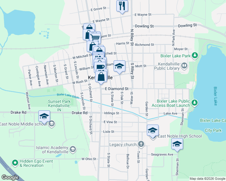 map of restaurants, bars, coffee shops, grocery stores, and more near 207 E Diamond St in Kendallville
