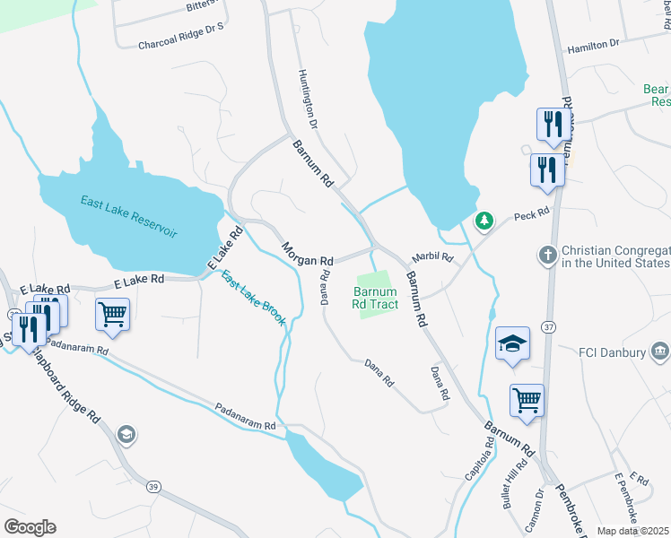 map of restaurants, bars, coffee shops, grocery stores, and more near 6 Morgan Road in Danbury