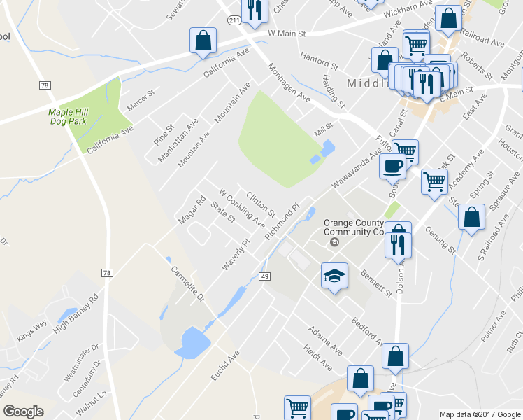 map of restaurants, bars, coffee shops, grocery stores, and more near 42 Clinton Street in Middletown