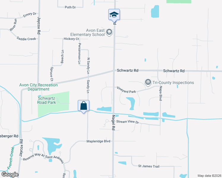 map of restaurants, bars, coffee shops, grocery stores, and more near 33701 Vineyard Park in Avon