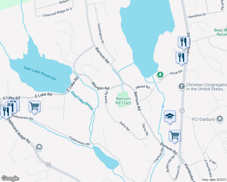 map of restaurants, bars, coffee shops, grocery stores, and more near 6 Morgan Road in Danbury