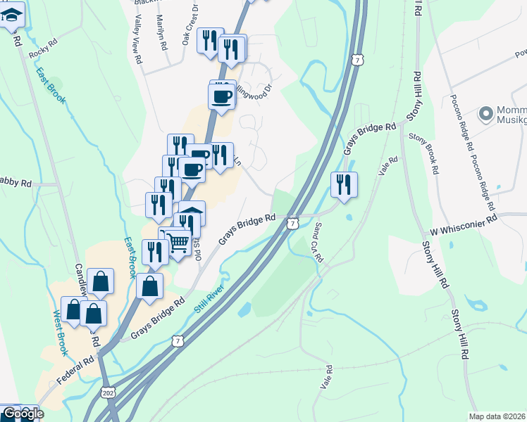 map of restaurants, bars, coffee shops, grocery stores, and more near 7 Old Grays Bridge Road in Brookfield