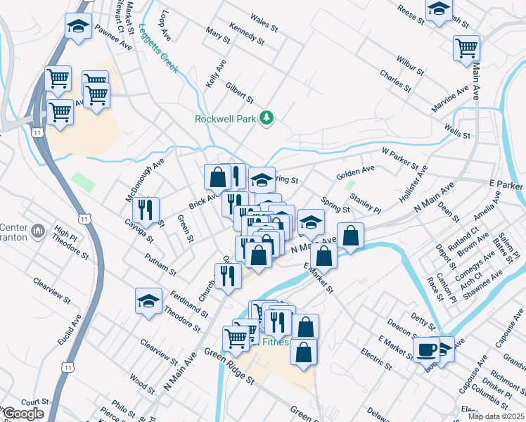 map of restaurants, bars, coffee shops, grocery stores, and more near 2011 13 Wayne Avenue in Scranton