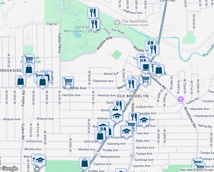 map of restaurants, bars, coffee shops, grocery stores, and more near 3921 Clybourne Avenue in Cleveland