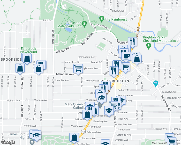 map of restaurants, bars, coffee shops, grocery stores, and more near 3921 Clybourne Avenue in Cleveland
