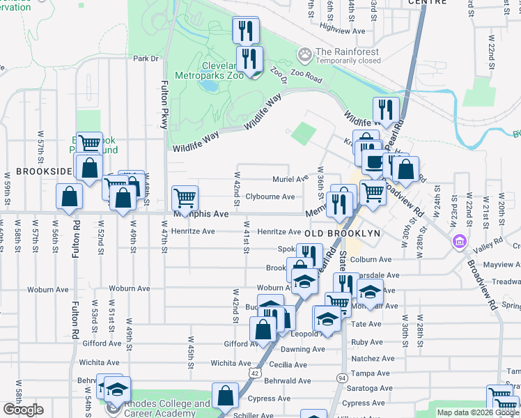 map of restaurants, bars, coffee shops, grocery stores, and more near 4103 Clybourne Avenue in Cleveland