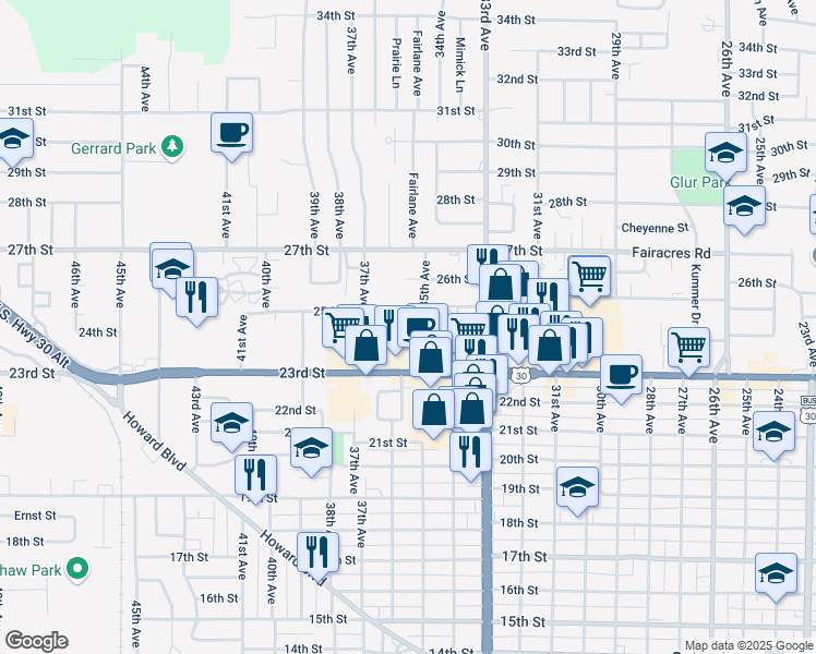 map of restaurants, bars, coffee shops, grocery stores, and more near 3542 23rd Street in Columbus