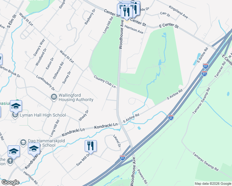map of restaurants, bars, coffee shops, grocery stores, and more near 127 Country Club Lane in Wallingford