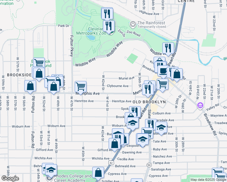 map of restaurants, bars, coffee shops, grocery stores, and more near 4103 Clybourne Avenue in Cleveland