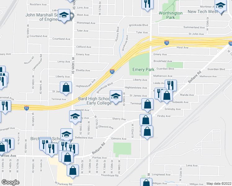 map of restaurants, bars, coffee shops, grocery stores, and more near 13428 Saint James Avenue in Cleveland