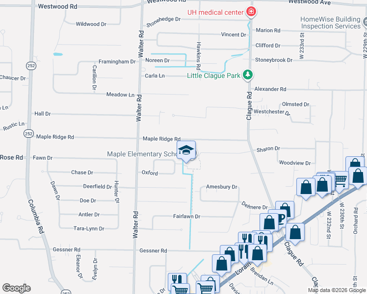 map of restaurants, bars, coffee shops, grocery stores, and more near 24195 Maple Ridge Road in North Olmsted
