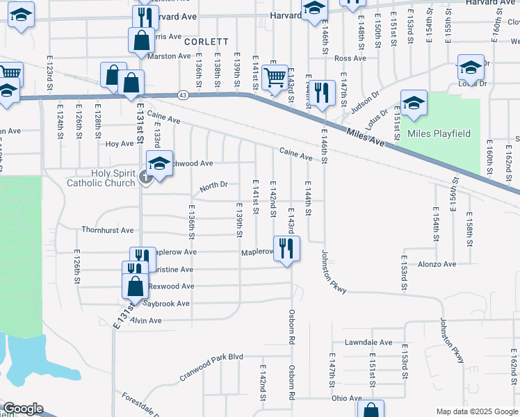map of restaurants, bars, coffee shops, grocery stores, and more near 4383 East 141st Street in Cleveland