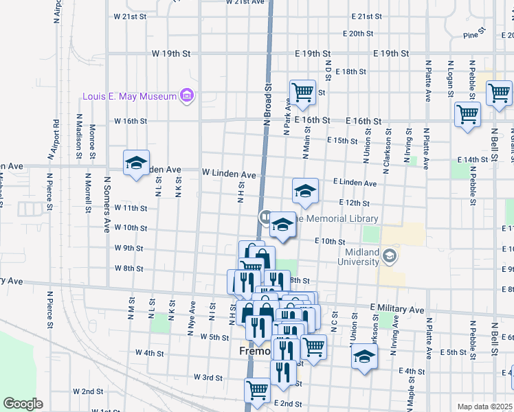 map of restaurants, bars, coffee shops, grocery stores, and more near 1125 North Broad Street in Fremont