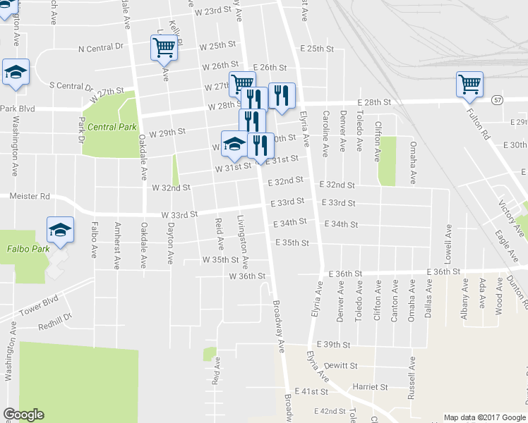 map of restaurants, bars, coffee shops, grocery stores, and more near 3318 Broadway in Lorain
