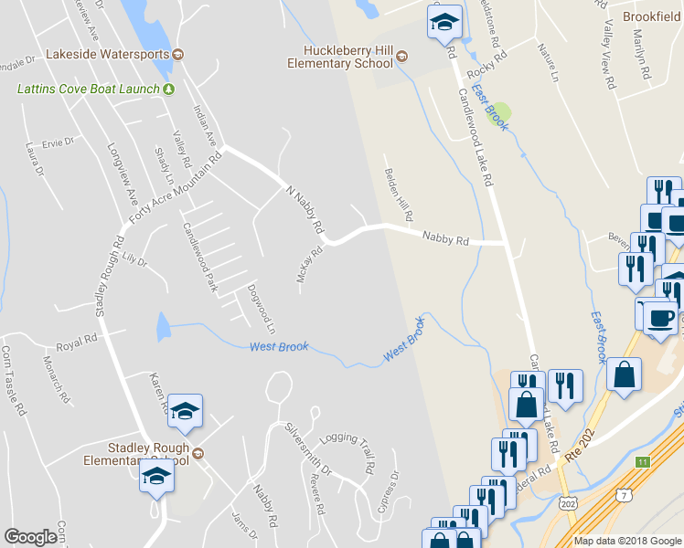 map of restaurants, bars, coffee shops, grocery stores, and more near 45 North Nabby Road in Danbury