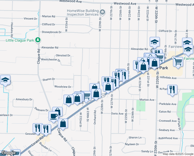 map of restaurants, bars, coffee shops, grocery stores, and more near 4330 West 229th Street in Fairview Park
