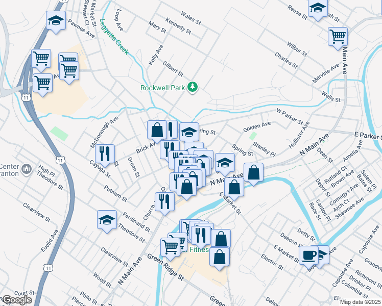 map of restaurants, bars, coffee shops, grocery stores, and more near 2011 13 Wayne Avenue in Scranton