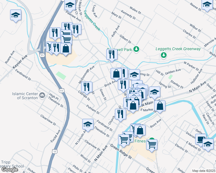 map of restaurants, bars, coffee shops, grocery stores, and more near Oak Street in Scranton