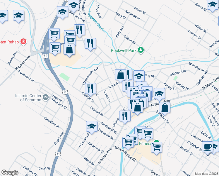 map of restaurants, bars, coffee shops, grocery stores, and more near Oak Street in Scranton