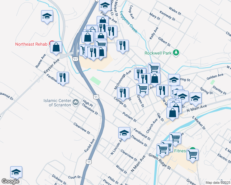 map of restaurants, bars, coffee shops, grocery stores, and more near 1719 Mcdonough Ave in Scranton
