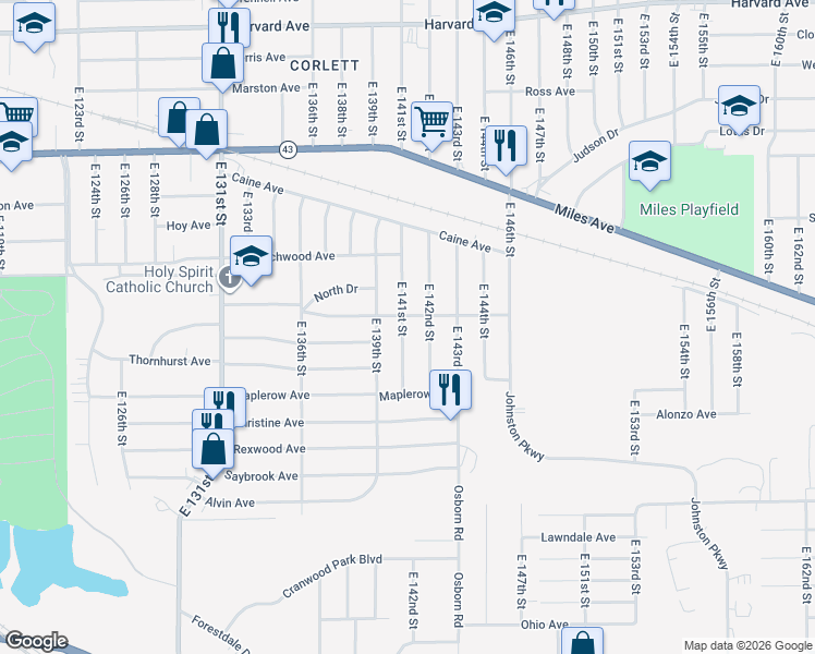 map of restaurants, bars, coffee shops, grocery stores, and more near 4383 East 141st Street in Cleveland