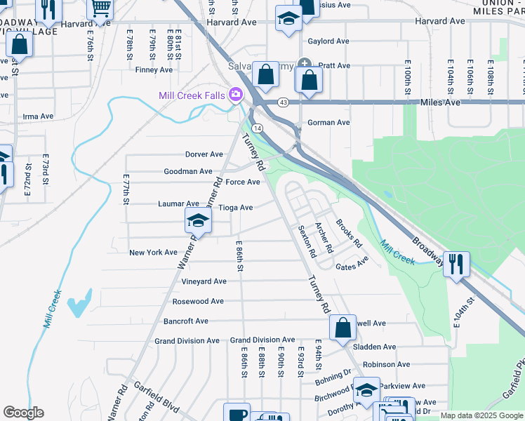 map of restaurants, bars, coffee shops, grocery stores, and more near 8905 Tioga Avenue in Cleveland