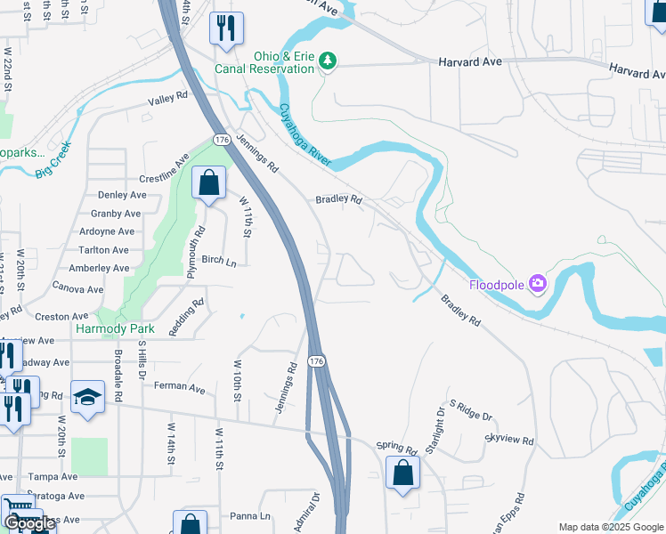 map of restaurants, bars, coffee shops, grocery stores, and more near 4220 Jennings Road in Cleveland