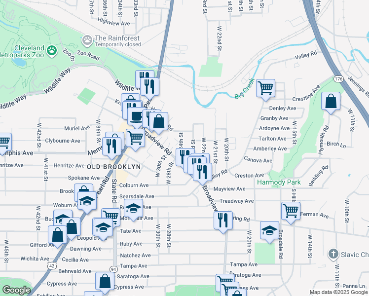 map of restaurants, bars, coffee shops, grocery stores, and more near 4228 West 23rd Street in Cleveland