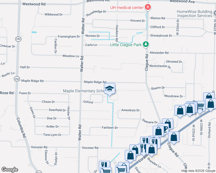 map of restaurants, bars, coffee shops, grocery stores, and more near 24195 Maple Ridge Road in North Olmsted