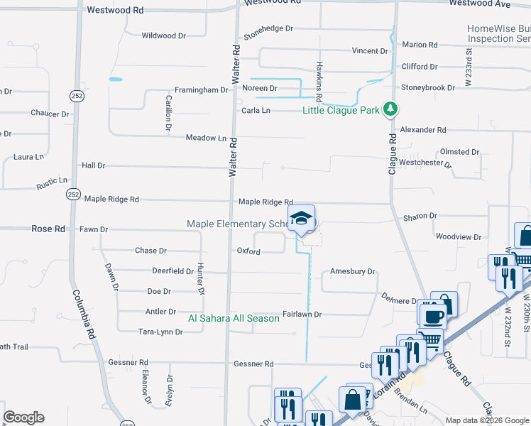map of restaurants, bars, coffee shops, grocery stores, and more near 24307 Maple Ridge Road in North Olmsted