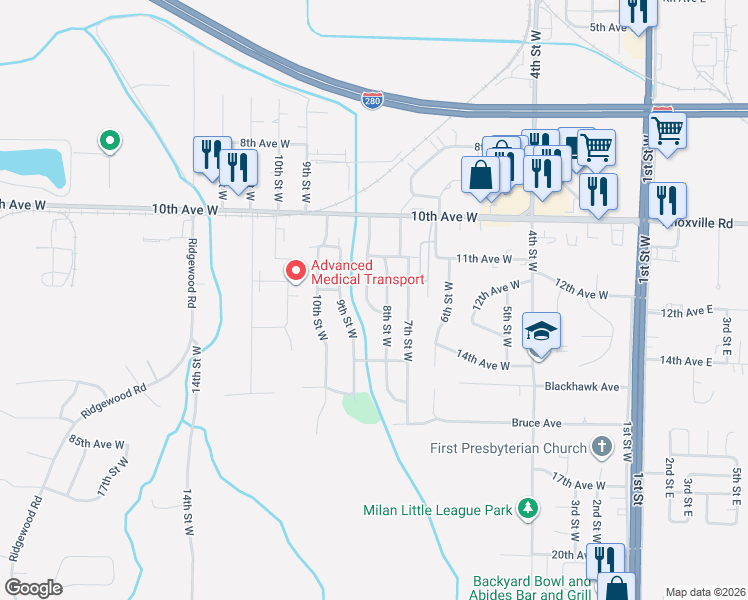 map of restaurants, bars, coffee shops, grocery stores, and more near 8005 8 1/2 Street West in Rock Island