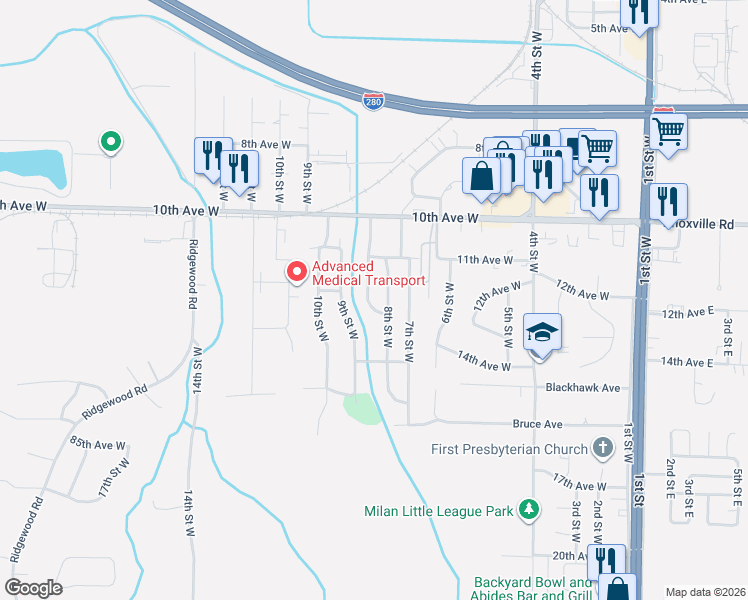 map of restaurants, bars, coffee shops, grocery stores, and more near 8005 8 1/2 Street West in Rock Island