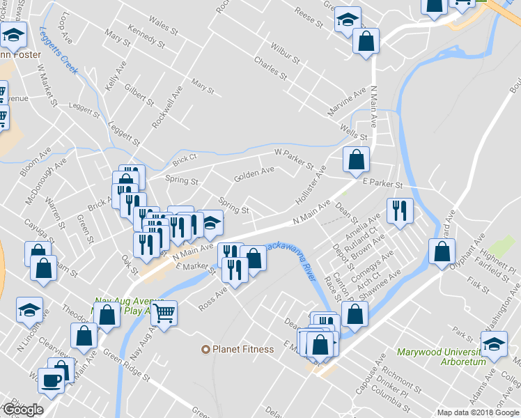 map of restaurants, bars, coffee shops, grocery stores, and more near 128 Belmont Terrace in Scranton