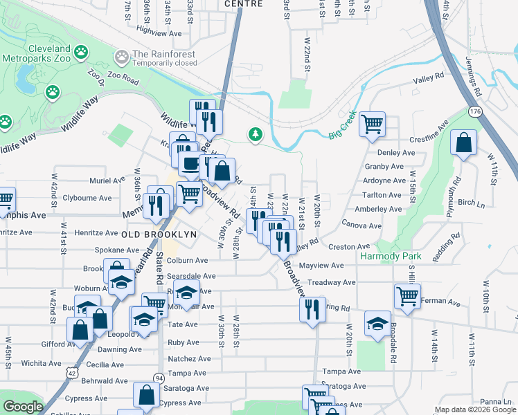 map of restaurants, bars, coffee shops, grocery stores, and more near 4239 West 24th Street in Cleveland