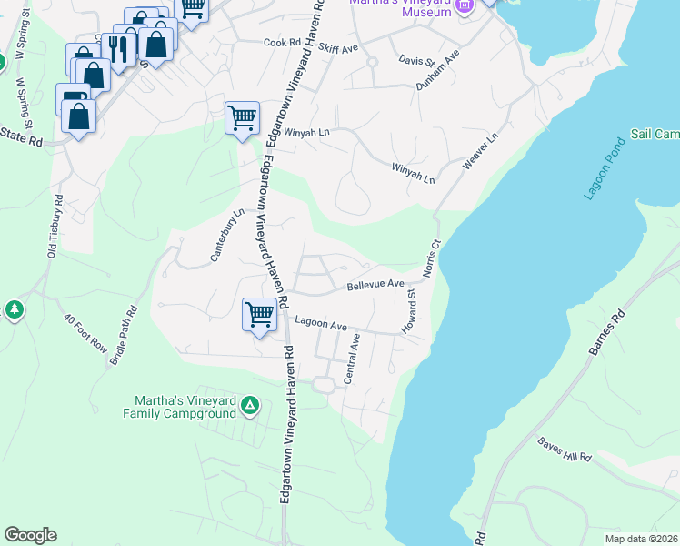 map of restaurants, bars, coffee shops, grocery stores, and more near 30 Hillside Path in Tisbury