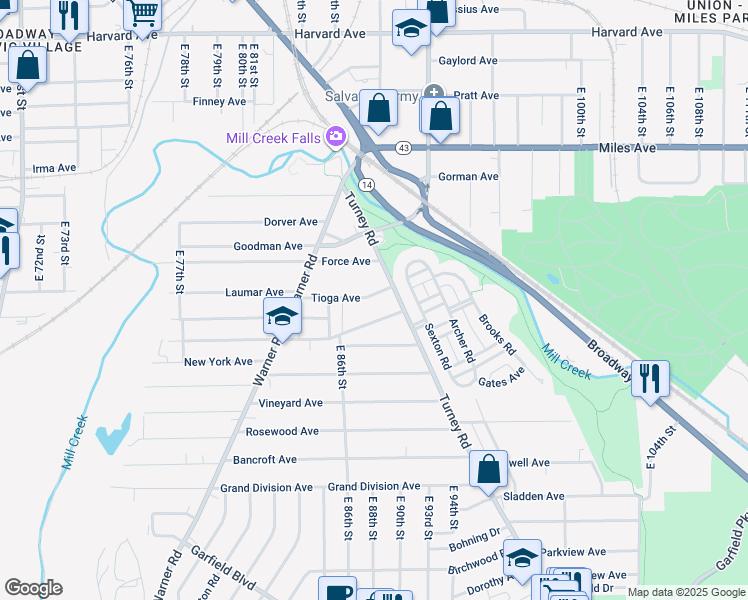 map of restaurants, bars, coffee shops, grocery stores, and more near 8905 Tioga Avenue in Cleveland