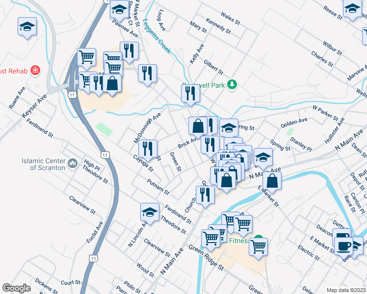 map of restaurants, bars, coffee shops, grocery stores, and more near Oak Street in Scranton