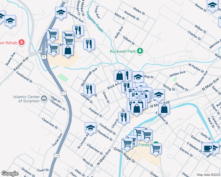 map of restaurants, bars, coffee shops, grocery stores, and more near 1780 Brick Avenue in Scranton