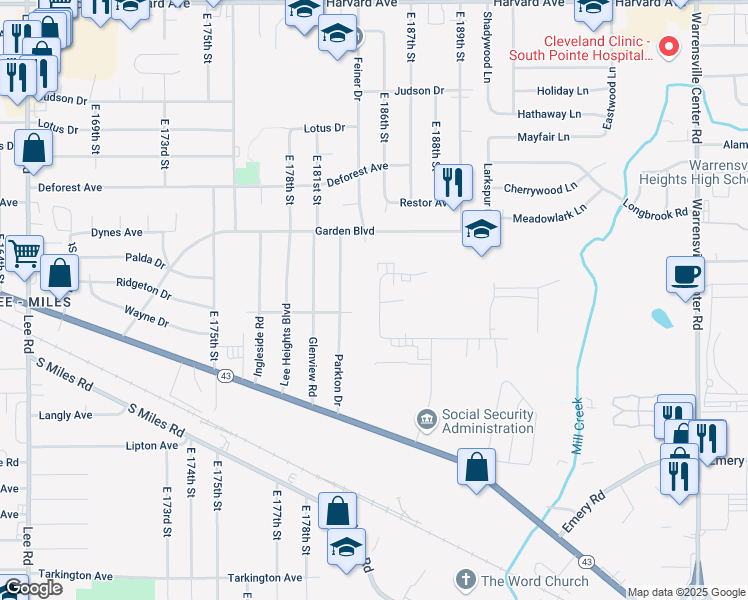 map of restaurants, bars, coffee shops, grocery stores, and more near 4410 Cranwood Parkway in Warrensville Heights