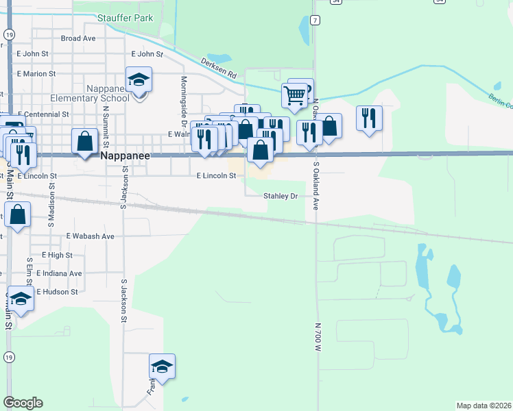 map of restaurants, bars, coffee shops, grocery stores, and more near 1301 Stahley Drive in Nappanee