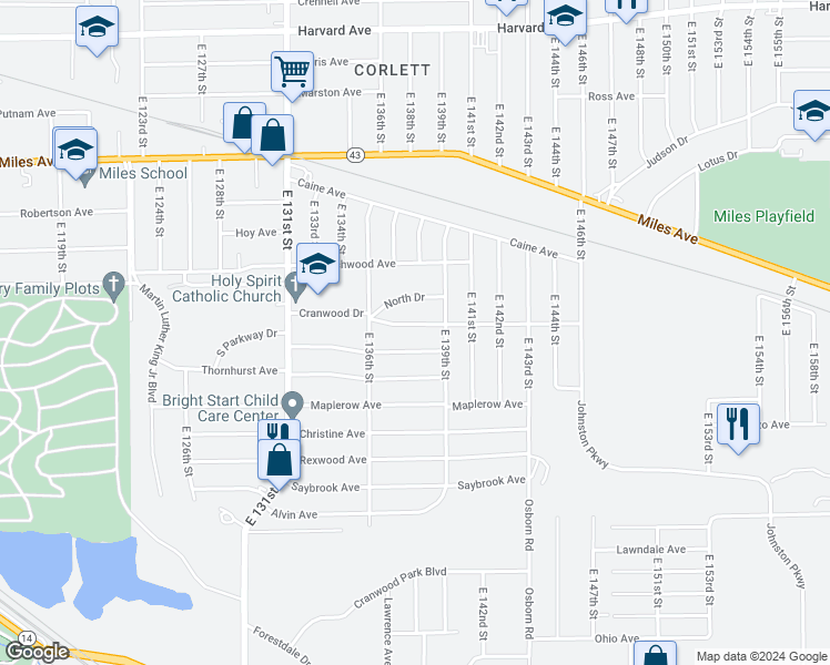 map of restaurants, bars, coffee shops, grocery stores, and more near 13722 Cranwood Drive in Garfield Heights