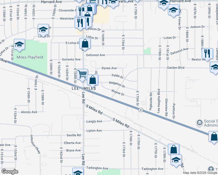 map of restaurants, bars, coffee shops, grocery stores, and more near 17103 Wayne Drive in Cleveland