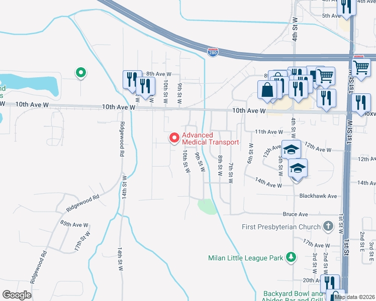 map of restaurants, bars, coffee shops, grocery stores, and more near 8001 10th Street West in Rock Island