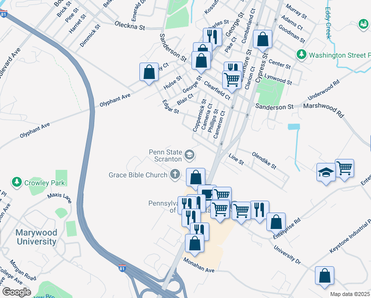 map of restaurants, bars, coffee shops, grocery stores, and more near 120 Ridgeview Drive in Dunmore