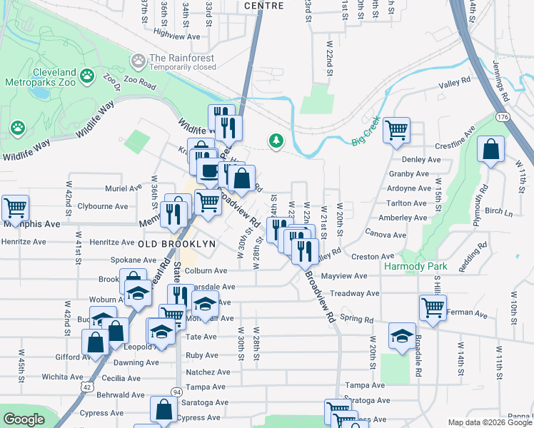 map of restaurants, bars, coffee shops, grocery stores, and more near 2403 Mira Court in Cleveland