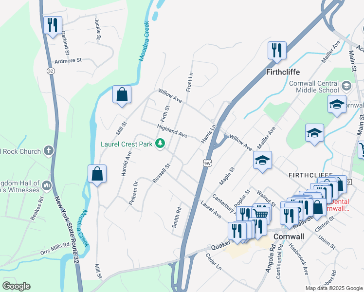 map of restaurants, bars, coffee shops, grocery stores, and more near 5 Russell Street in Cornwall
