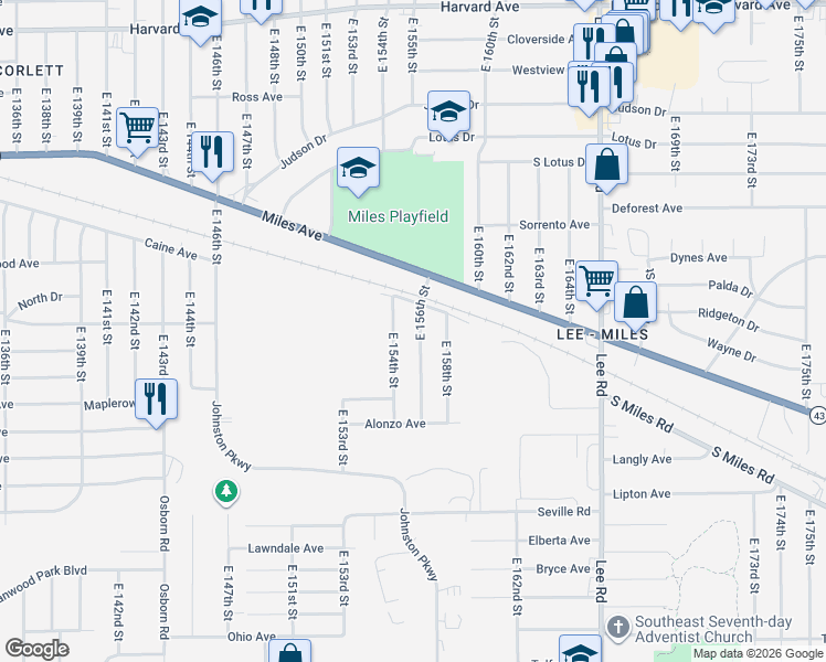 map of restaurants, bars, coffee shops, grocery stores, and more near 4373 East 156th Street in Cleveland