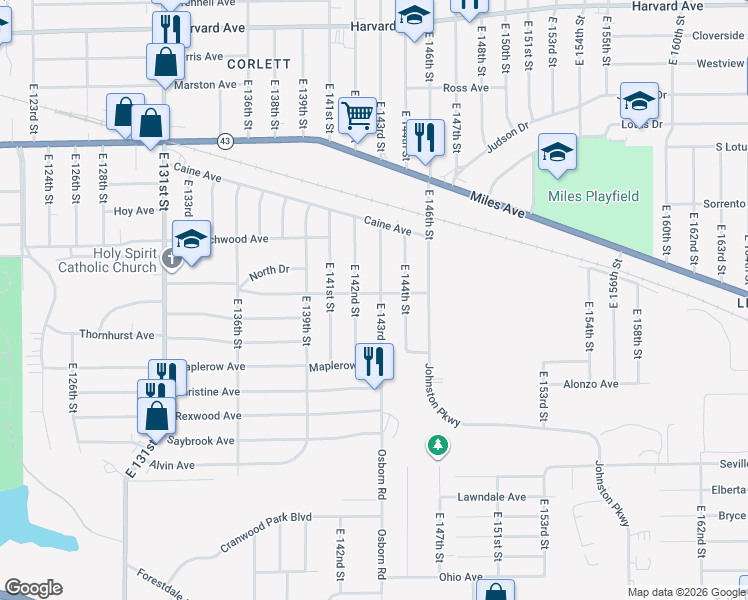map of restaurants, bars, coffee shops, grocery stores, and more near 4384 East 143rd Street in Cleveland