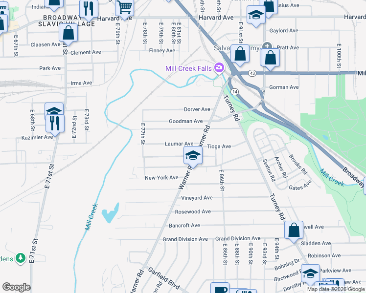 map of restaurants, bars, coffee shops, grocery stores, and more near 8108 Laumar Avenue in Cleveland